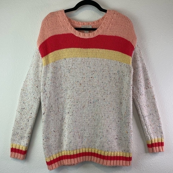 Loft Sweater Cream Red Yellow Peach Medium Color Block Stripe Cotton Blend - Picture 1 of 8
